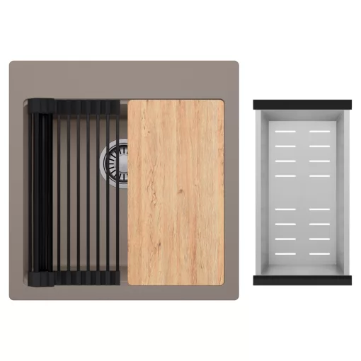 HD Infinity Tortora 48 egymedencés gránit mosogatótálca szett, vágódeszkával, matt fekete csepegtetőráccsal és krómozott kosárral, tortora színben, szálcsiszolt króm leeresztő szifonnal