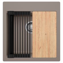 HD Infinity Tortora 48 egymedencés gránit mosogatótálca szett, vágódeszkával, matt fekete csepegtetőráccsal, tortora színben, szálcsiszolt króm leeresztő szifonnal