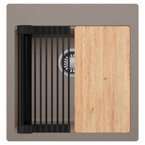 HD Infinity Tortora 48 egymedencés gránit mosogatótálca szett, vágódeszkával, matt fekete csepegtetőráccsal, tortora színben, szálcsiszolt króm leeresztő szifonnal