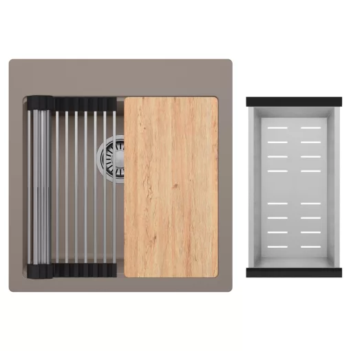 HD Infinity Tortora 48 egymedencés gránit mosogatótálca szett, vágódeszkával, acél csepegtetőráccsal és kosárral, tortora színben, szálcsiszolt króm leeresztő szifonnal