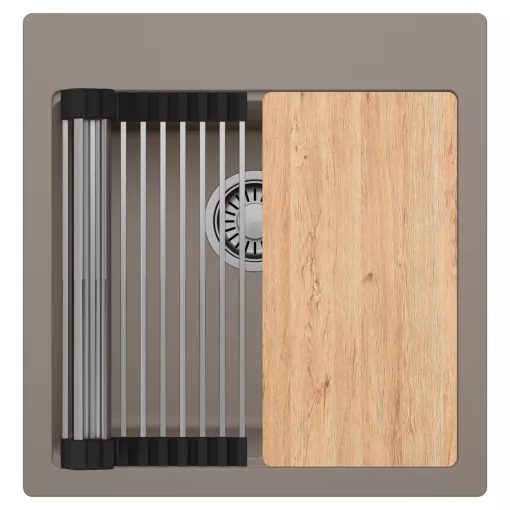 HD Infinity Tortora 48 egymedencés gránit mosogatótálca szett, vágódeszkával, acél csepegtetőráccsal, tortora színben, szálcsiszolt króm leeresztő szifonnal