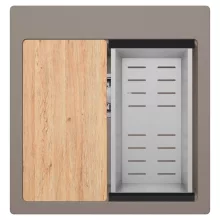 HD Infinity Tortora 48 egymedencés gránit mosogatótálca szett, vágódeszkával, acél csepegtetőkosárral, tortora színben, szálcsiszolt króm leeresztő szifonnal