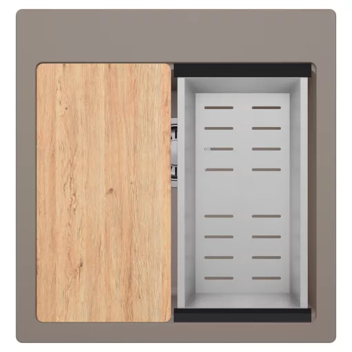 HD Infinity Tortora 48 egymedencés gránit mosogatótálca szett, vágódeszkával, acél csepegtetőkosárral, tortora színben, szálcsiszolt króm leeresztő szifonnal