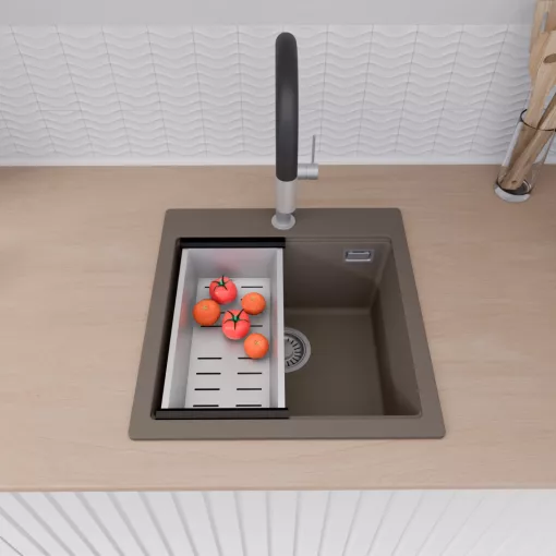 HD Infinity Tortora 48 egymedencés gránit mosogatótálca szett, vágódeszkával, acél csepegtetőkosárral, tortora színben, szálcsiszolt króm leeresztő szifonnal