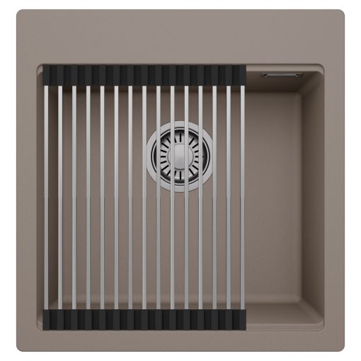 HD Infinity Tortora 48 egymedencés gránit mosogatótálca szett, acél csepegtetőráccsal, tortora színben, szálcsiszolt króm leeresztő szifonnal