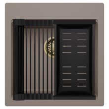 HD Infinity Tortora 48 egymedencés gránit mosogatótálca szett, matt fekete csepegtetőráccsal és kosárral, tortora színben, szálcsiszolt arany leeresztő szifonnal