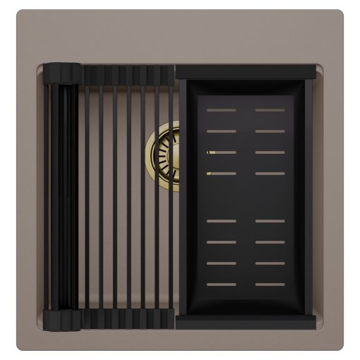 HD Infinity Tortora 48 egymedencés gránit mosogatótálca szett, matt fekete csepegtetőráccsal és kosárral, tortora színben, szálcsiszolt arany leeresztő szifonnal