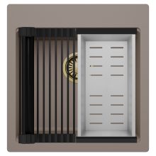 HD Infinity Tortora 48 egymedencés gránit mosogatótálca szett, matt fekete csepegtetőráccsal és krómozott kosárral, tortora színben, szálcsiszolt arany leeresztő szifonnal