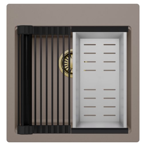 HD Infinity Tortora 48 egymedencés gránit mosogatótálca szett, matt fekete csepegtetőráccsal és krómozott kosárral, tortora színben, szálcsiszolt arany leeresztő szifonnal