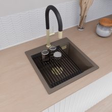 HD Infinity Tortora 48 egymedencés gránit mosogatótálca szett, matt fekete csepegtetőráccsal és krómozott kosárral, tortora színben, szálcsiszolt arany leeresztő szifonnal