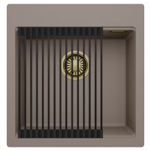 HD Infinity Tortora 48 egymedencés gránit mosogatótálca szett, matt fekete csepegtetőráccsal, tortora színben, szálcsiszolt arany leeresztő szifonnal