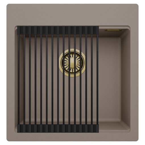 HD Infinity Tortora 48 egymedencés gránit mosogatótálca szett, matt fekete csepegtetőráccsal, tortora színben, szálcsiszolt arany leeresztő szifonnal