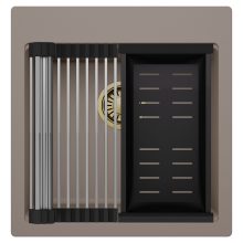 HD Infinity Tortora 48 egymedencés gránit mosogatótálca szett, acél csepegtetőráccsal és matt fekete kosárral, tortora színben, szálcsiszolt arany leeresztő szifonnal