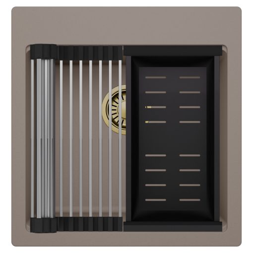 HD Infinity Tortora 48 egymedencés gránit mosogatótálca szett, acél csepegtetőráccsal és matt fekete kosárral, tortora színben, szálcsiszolt arany leeresztő szifonnal