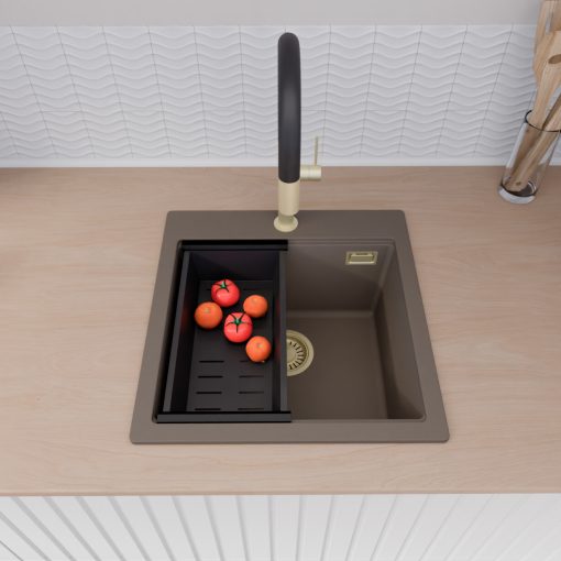 HD Infinity Tortora 48 egymedencés gránit mosogatótálca szett, acél csepegtetőráccsal és matt fekete kosárral, tortora színben, szálcsiszolt arany leeresztő szifonnal