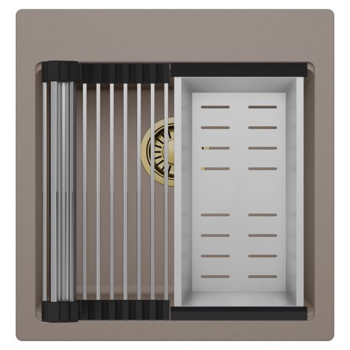 HD Infinity Tortora 48 egymedencés gránit mosogatótálca szett, acél csepegtetőráccsal és kosárral, tortora színben, szálcsiszolt arany leeresztő szifonnal