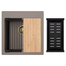 HD Infinity Tortora 48 egymedencés gránit mosogatótálca szett, vágódeszkával, matt fekete csepegtetőráccsal és kosárral, tortora színben, szálcsiszolt arany leeresztő szifonnal