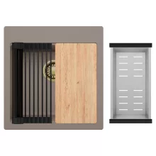 HD Infinity Tortora 48 egymedencés gránit mosogatótálca szett, vágódeszkával, matt fekete csepegtetőráccsal és krómozott kosárral, tortora színben, szálcsiszolt arany leeresztő szifonnal