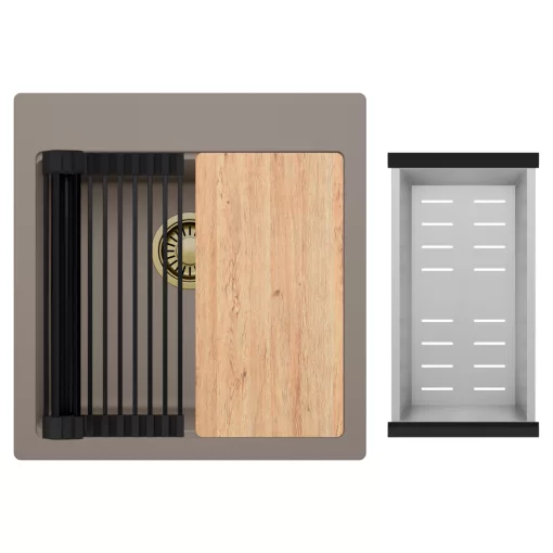 HD Infinity Tortora 48 egymedencés gránit mosogatótálca szett, vágódeszkával, matt fekete csepegtetőráccsal és krómozott kosárral, tortora színben, szálcsiszolt arany leeresztő szifonnal