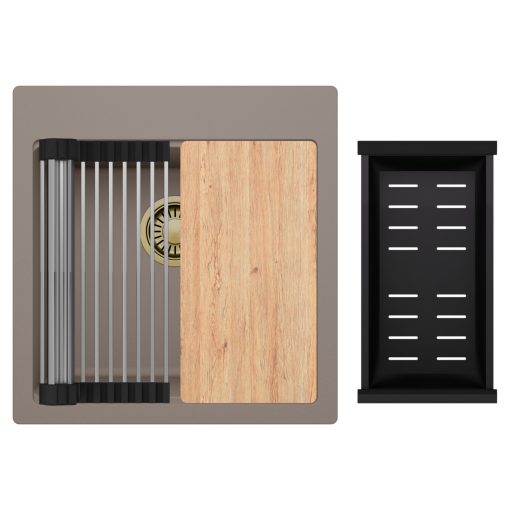 HD Infinity Tortora 48 egymedencés gránit mosogatótálca szett, vágódeszkával, acél csepegtetőráccsal és matt fekete kosárral, tortora színben, szálcsiszolt arany leeresztő szifonnal