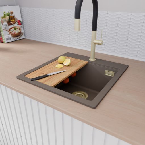 HD Infinity Tortora 48 egymedencés gránit mosogatótálca szett, vágódeszkával, acél csepegtetőráccsal és matt fekete kosárral, tortora színben, szálcsiszolt arany leeresztő szifonnal
