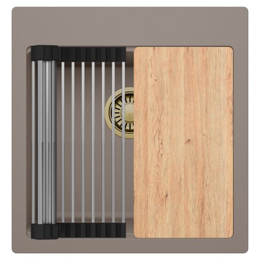 HD Infinity Tortora 48 egymedencés gránit mosogatótálca szett, vágódeszkával, acél csepegtetőráccsal, tortora színben, szálcsiszolt arany leeresztő szifonnal