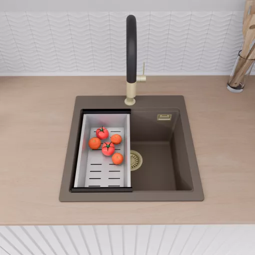 HD Infinity Tortora 48 egymedencés gránit mosogatótálca szett, vágódeszkával, acél csepegtetőkosárral, tortora színben, szálcsiszolt arany leeresztő szifonnal