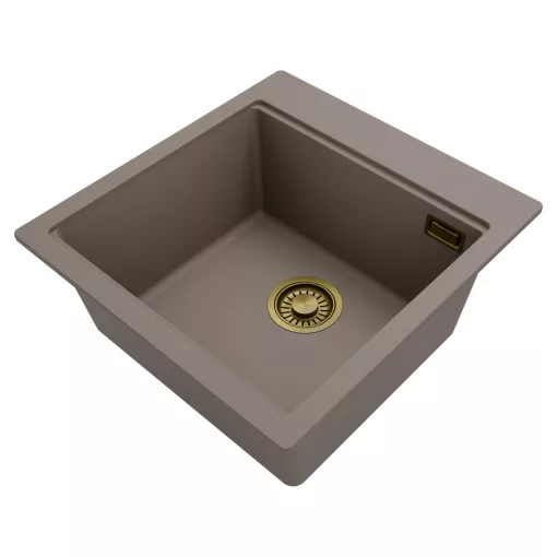 HD Infinity Tortora 48 egymedencés gránit mosogatótálca, vágódeszkával, tortora színben, szálcsiszolt arany leeresztő szifonnal