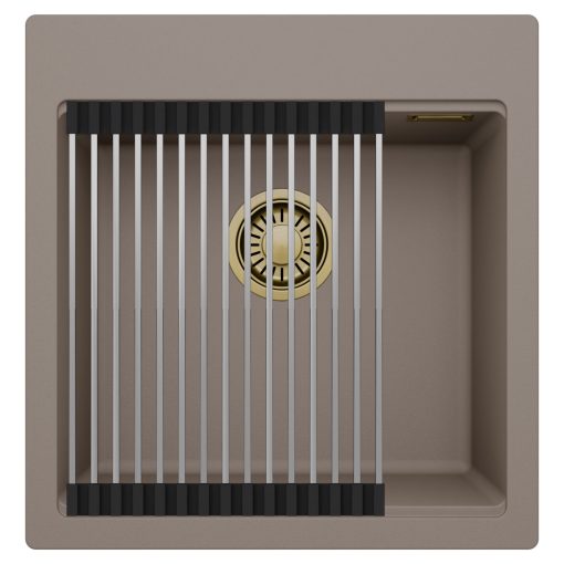 HD Infinity Tortora 48 egymedencés gránit mosogatótálca szett, acél csepegtetőráccsal, tortora színben, szálcsiszolt arany leeresztő szifonnal