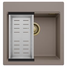 HD Infinity Tortora 48 egymedencés gránit mosogatótálca szett, acél csepegtetőkosárral, tortora színben, szálcsiszolt arany leeresztő szifonnal