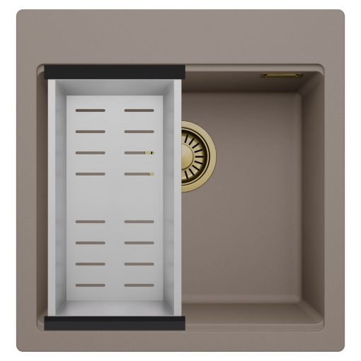 HD Infinity Tortora 48 egymedencés gránit mosogatótálca szett, acél csepegtetőkosárral, tortora színben, szálcsiszolt arany leeresztő szifonnal