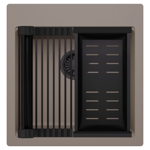 HD Infinity Tortora 48 egymedencés gránit mosogatótálca szett, matt fekete csepegtetőráccsal és kosárral, tortora színben, matt fekete leeresztő szifonnal