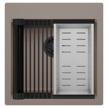 HD Infinity Tortora 48 egymedencés gránit mosogatótálca szett, matt fekete csepegtetőráccsal és krómozott kosárral, tortora színben, matt fekete leeresztő szifonnal