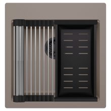 HD Infinity Tortora 48 egymedencés gránit mosogatótálca szett, acél csepegtetőráccsal és matt fekete kosárral, tortora színben, matt fekete leeresztő szifonnal