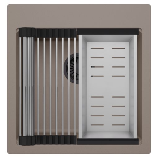 HD Infinity Tortora 48 egymedencés gránit mosogatótálca szett, acél csepegtetőráccsal és kosárral, tortora színben, matt fekete leeresztő szifonnal