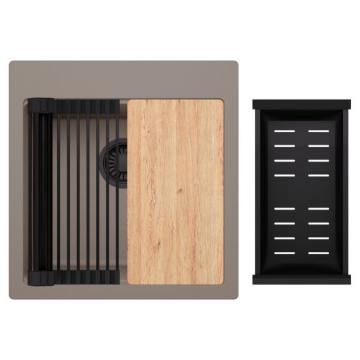 HD Infinity Tortora 48 egymedencés gránit mosogatótálca szett, vágódeszkával, matt fekete csepegtetőráccsal és kosárral, tortora színben, matt fekete leeresztő szifonnal