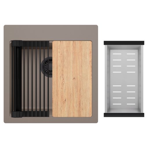 HD Infinity Tortora 48 egymedencés gránit mosogatótálca szett, vágódeszkával, matt fekete csepegtetőráccsal és krómozott kosárral, tortora színben, matt fekete leeresztő szifonnal