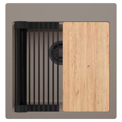 HD Infinity Tortora 48 egymedencés gránit mosogatótálca szett, vágódeszkával, matt fekete csepegtetőráccsal, tortora színben, matt fekete leeresztő szifonnal