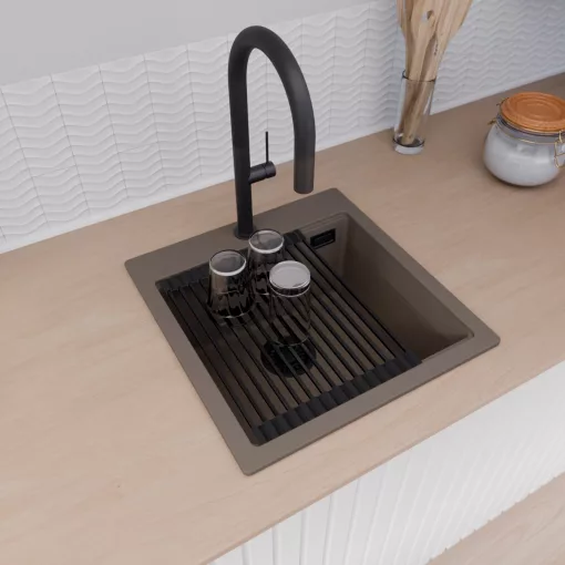 HD Infinity Tortora 48 egymedencés gránit mosogatótálca szett, vágódeszkával, matt fekete csepegtetőráccsal, tortora színben, matt fekete leeresztő szifonnal