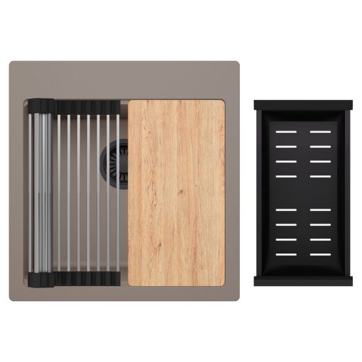 HD Infinity Tortora 48 egymedencés gránit mosogatótálca szett, vágódeszkával, acél csepegtetőráccsal és matt fekete kosárral, tortora színben, matt fekete leeresztő szifonnal