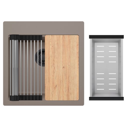 HD Infinity Tortora 48 egymedencés gránit mosogatótálca szett, vágódeszkával, acél csepegtetőráccsal és kosárral, tortora színben, matt fekete leeresztő szifonnal