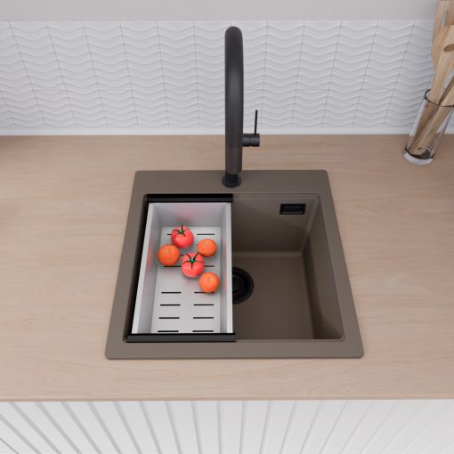 HD Infinity Tortora 48 egymedencés gránit mosogatótálca szett, vágódeszkával, acél csepegtetőráccsal és kosárral, tortora színben, matt fekete leeresztő szifonnal