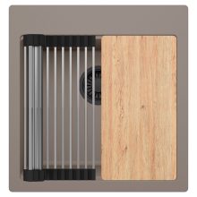 HD Infinity Tortora 48 egymedencés gránit mosogatótálca szett, vágódeszkával, acél csepegtetőráccsal, tortora színben, matt fekete leeresztő szifonnal