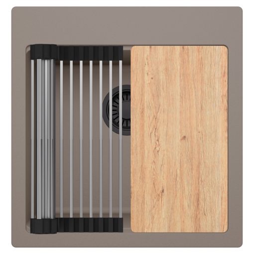 HD Infinity Tortora 48 egymedencés gránit mosogatótálca szett, vágódeszkával, acél csepegtetőráccsal, tortora színben, matt fekete leeresztő szifonnal