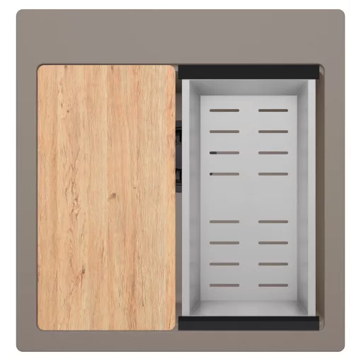 HD Infinity Tortora 48 egymedencés gránit mosogatótálca szett, vágódeszkával, acél csepegtetőkosárral, tortora színben, matt fekete leeresztő szifonnal