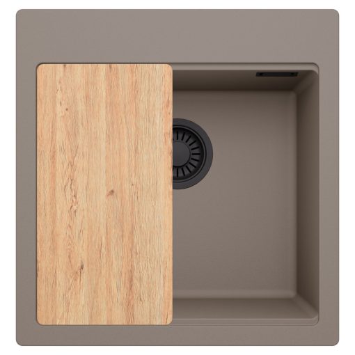 HD Infinity Tortora 48 egymedencés gránit mosogatótálca, vágódeszkával, tortora színben, matt fekete leeresztő szifonnal