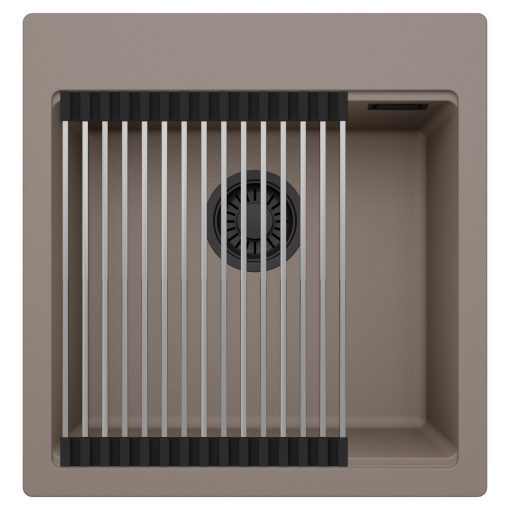 HD Infinity Tortora 48 egymedencés gránit mosogatótálca szett, acél csepegtetőráccsal, tortora színben, matt fekete leeresztő szifonnal