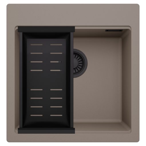 HD Infinity Tortora 48 egymedencés gránit mosogatótálca szett, matt fekete csepegtetőkosárral, tortora színben, matt fekete leeresztő szifonnal