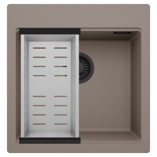 HD Infinity Tortora 48 egymedencés gránit mosogatótálca szett, acél csepegtetőkosárral, tortora színben, matt fekete leeresztő szifonnal