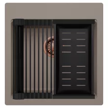 HD Infinity Tortora 48 egymedencés gránit mosogatótálca szett, matt fekete csepegtetőráccsal és kosárral, tortora színben, szálcsiszolt réz leeresztő szifonnal